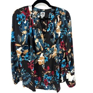 Anne Klein Womens Black Floral Print Blouse Top Long Sleeve V Neck XL